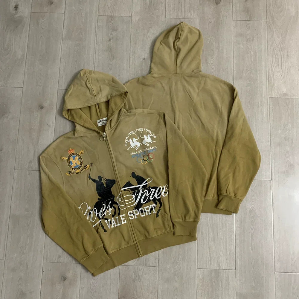 Vale Forever "Lives & Forever Vale Sport" Vintage Zip-Up Hoodie (Khaki)